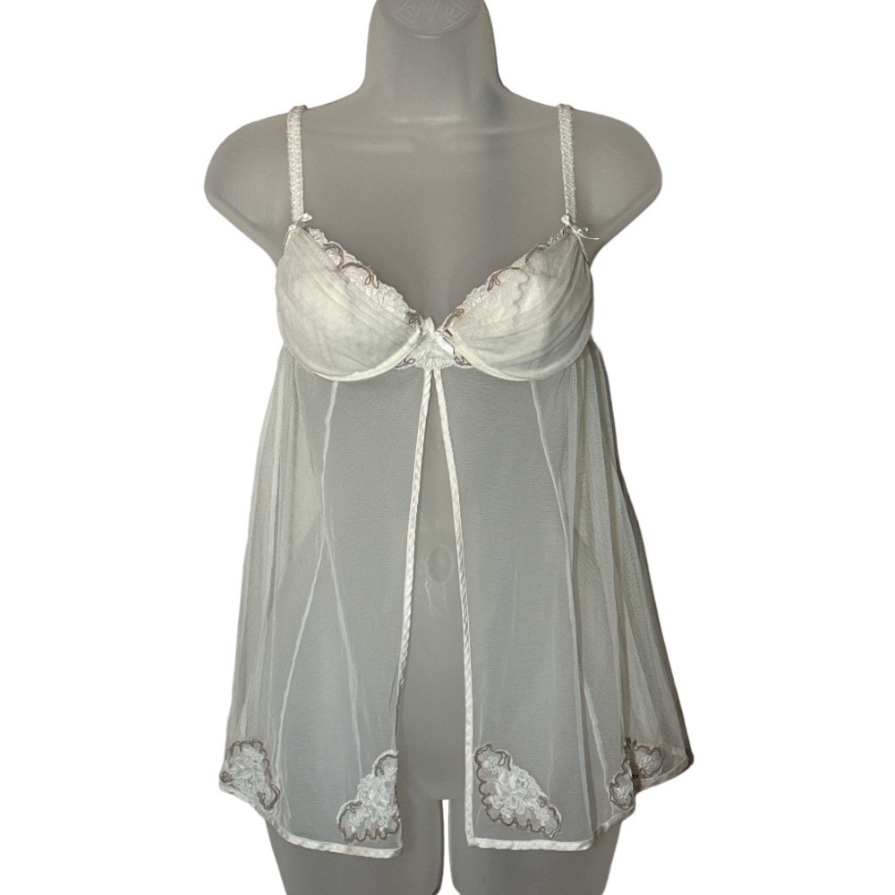 Victoria's Secret Cream Semi Sheer Padded Cup Open Front Lace Trim Cami Top 34B